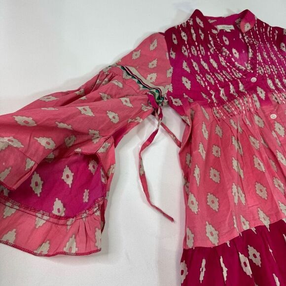 Velzera Tunic Top Womens Small Multicolor Geometric Bell Sleeve Pintuck Boho - Picture 4 of 8